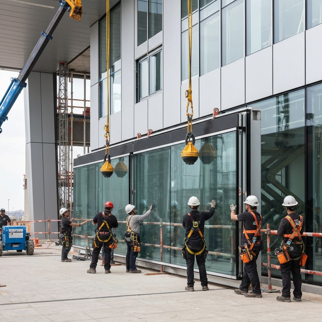 Lotus Enterprises team installing glass facade panels on a modern building